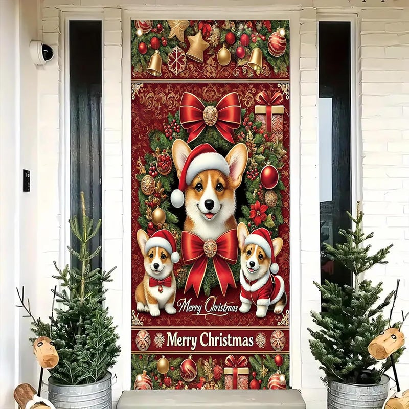 Saoplasa Christmas Corgi Door Cover Decoration 71 x 35 Inch Red Festive Banner with Cute Santa Dog Design and Holiday Wreath for Merry Christmas Wall Decor Party Welcome Backdrop Sign - Image 1